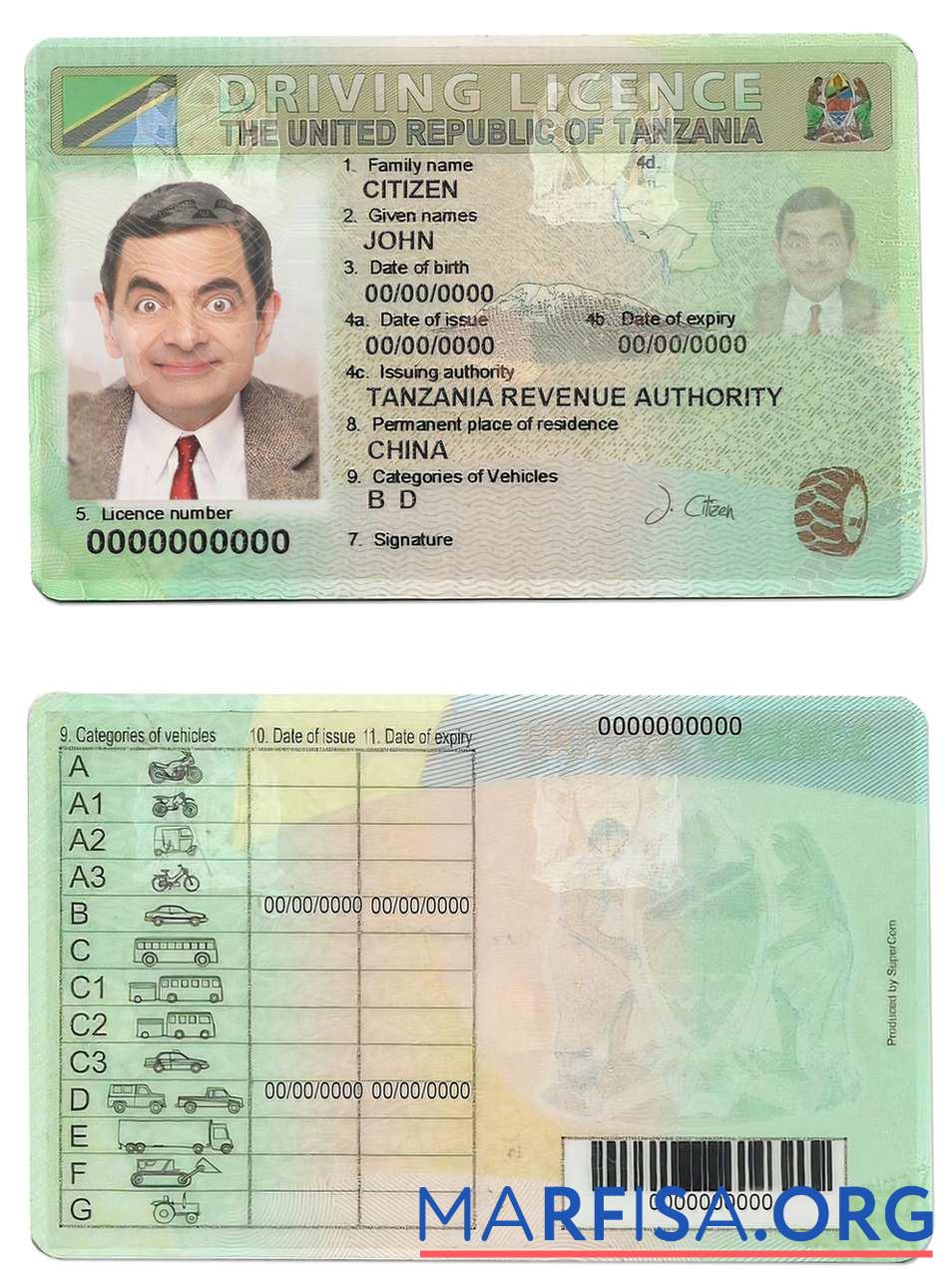 Realistic Tanzania driving license sample